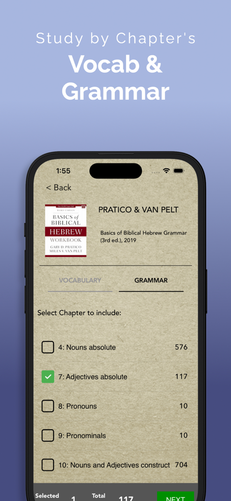 ParseHebrew - Hebrew Quizzing - ParseHebrew app screen showing grammar study options for the Pratico and Van Pelt textbook chapters