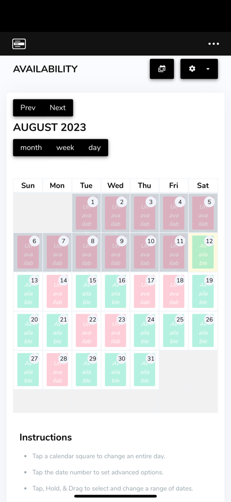 HorizonWebRef.com - A monthly calendar interface in the HorizonWebRef app showing green for available and pink for unavailable dates for sports officials