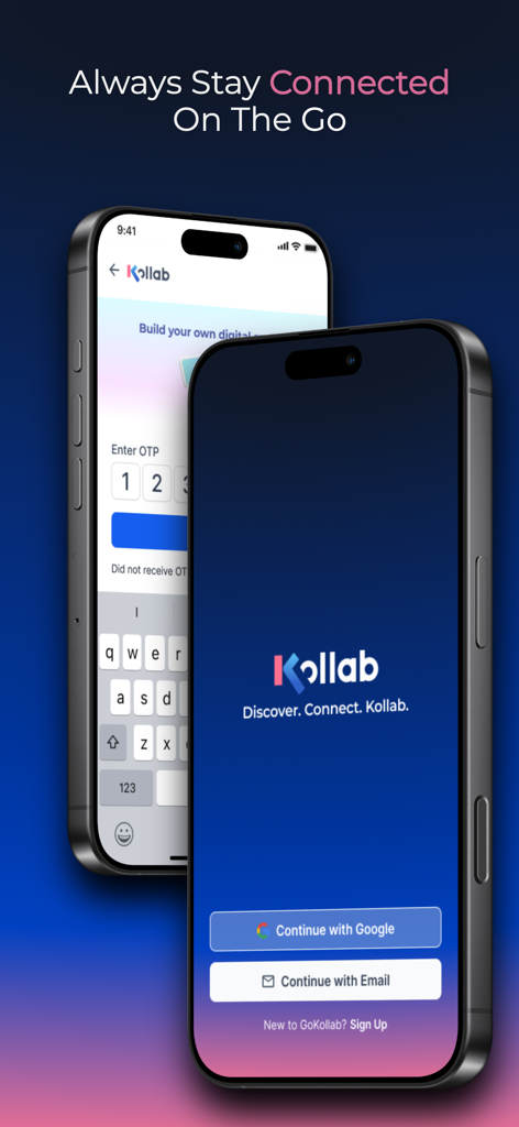 GoKollab - GoKollab mobile app login options and OTP verification screen