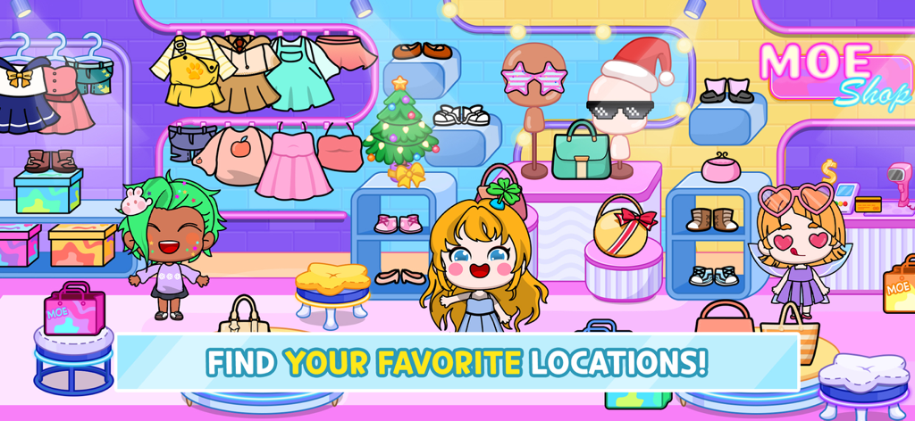 Avatar Life: My World - Avatars mignons achetant des vêtements et des accessoires dans une boutique de mode colorée