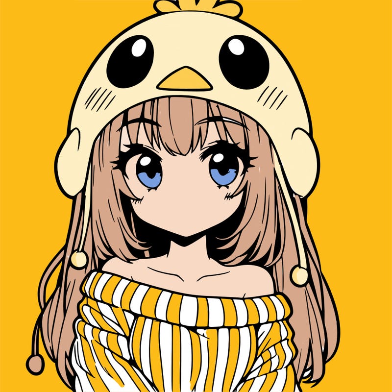 anime girl with chick shaped hat with sweater with bare shoulders with bangs covering them one eye with low tail