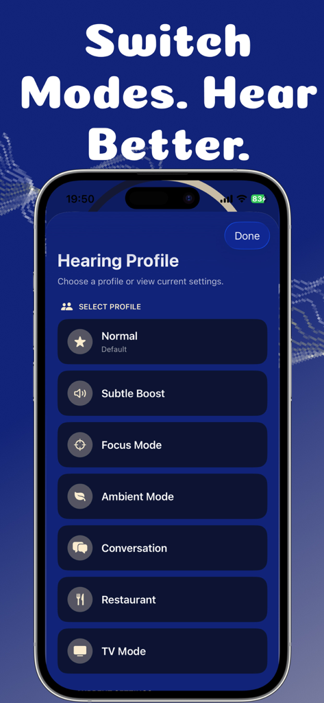 Hearing Aid – Sound Amplifier - レストランやテレビモードを含む複数のリスニングプロファイルを示す補聴器アプリのiPhone画面