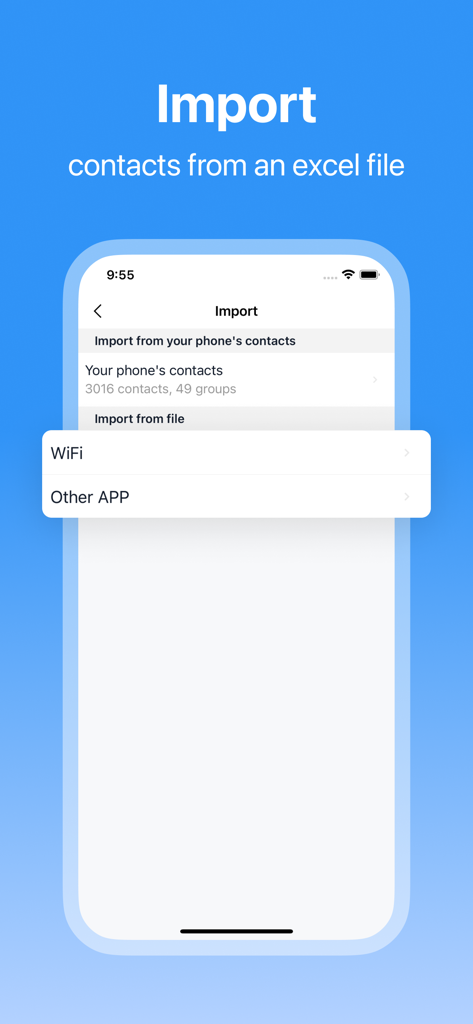 SA Contacts 앱 화면에 Excel 파일에서 연락처를 가져오는 옵션 표시