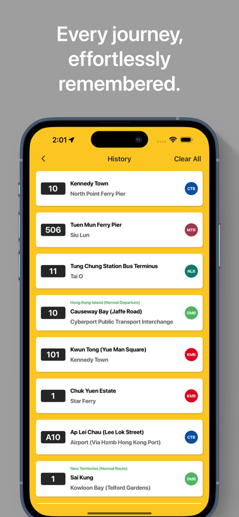 HKBUS 앱에 최근에 본 홍콩 버스 노선 및 운행사 목록이 표시됩니다.