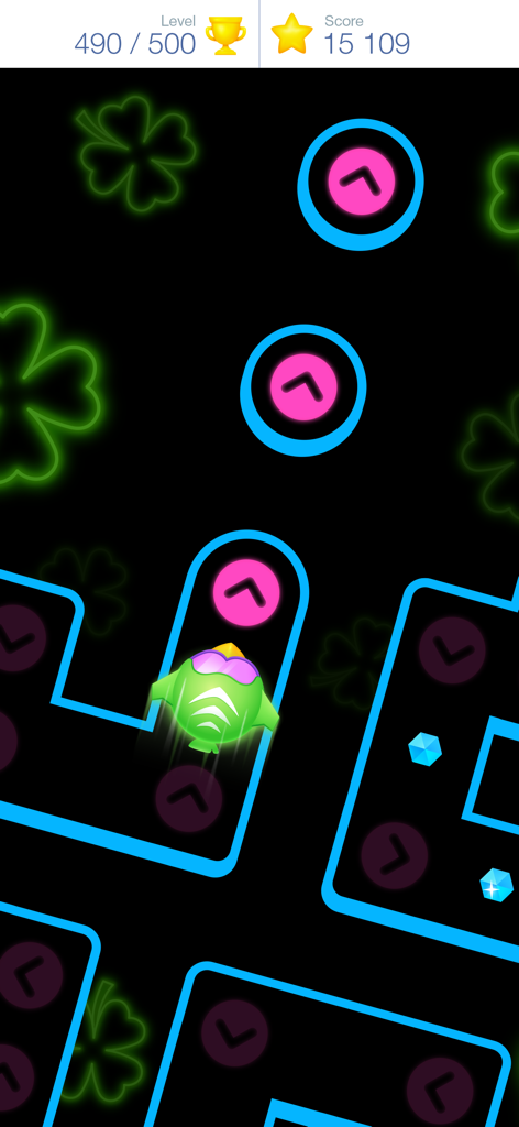 Tap Tap Dash: Turbo - Gameplay of Tap Tap Dash Turbo showing a green character navigating a neon blue path with clover motifs.