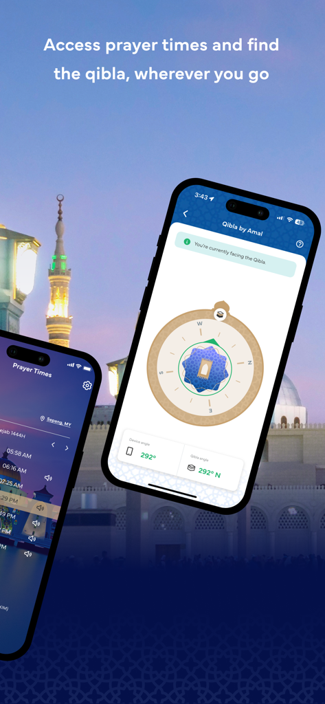 Amal by Malaysia Airlines - Smartphone displaying prayer times and a Qibla compass on the Amal by Malaysia Airlines app