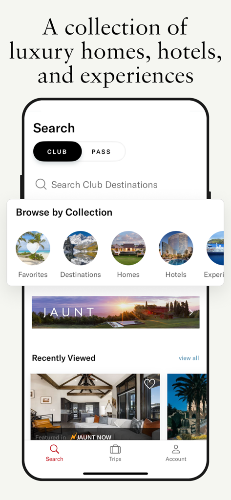 Inspirato app dashboard showing luxury vacation home search and curated travel collections
