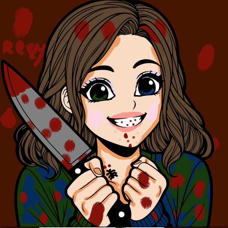 a realistic girl holding a knife and grinning