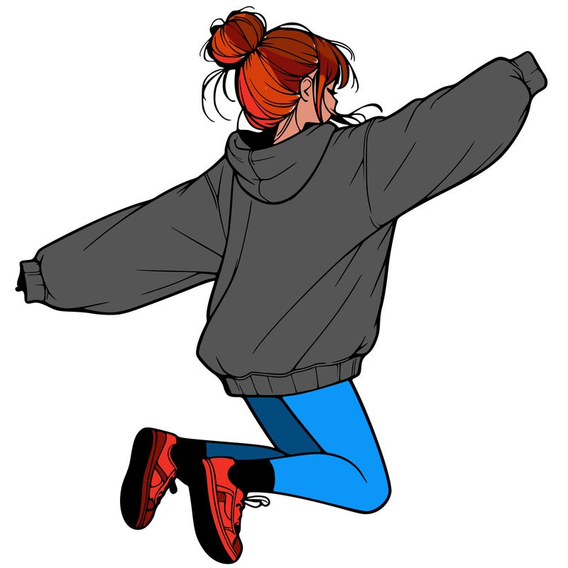 realistic girl jumping with a bun and oversized sweatshirt