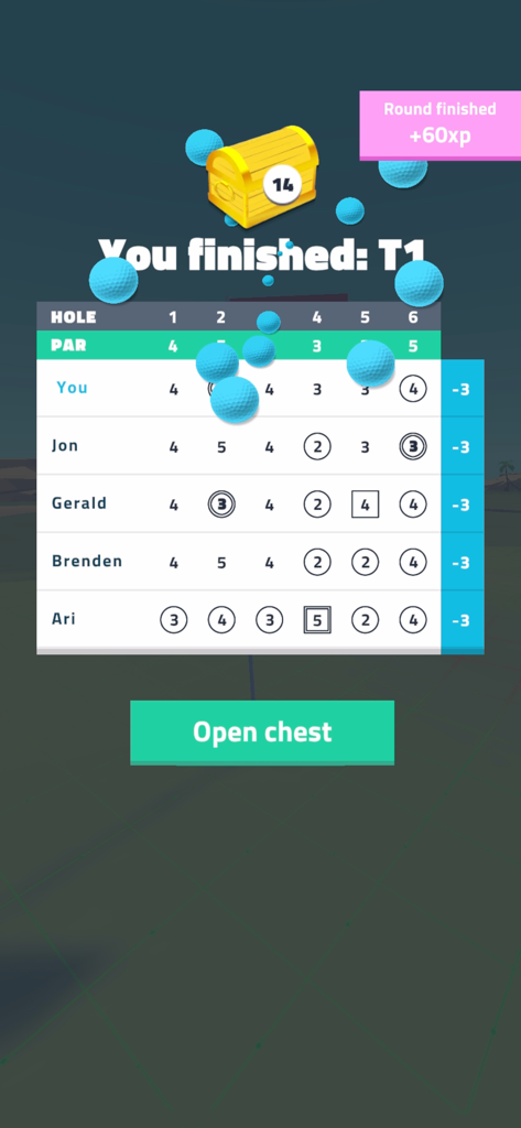 Golf Dreams - Tabela de classificação do torneio no Golf Dreams com uma opção para abrir um baú de recompensa