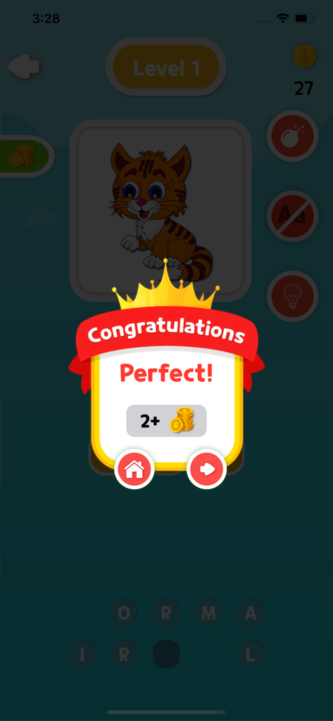 Guess the Picture Quiz Game - Victory screen showing a cartoon cat and a congratulations message in a picture quiz game