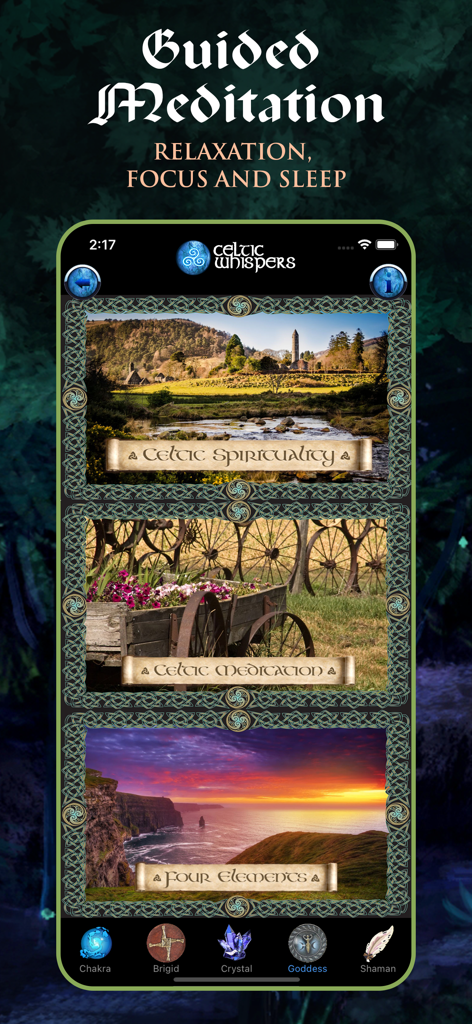 Interfaz de meditación guiada de la aplicación Mitología Celta con temas espirituales