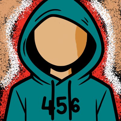 a person with non face waering a hoodie with a 456 symbol