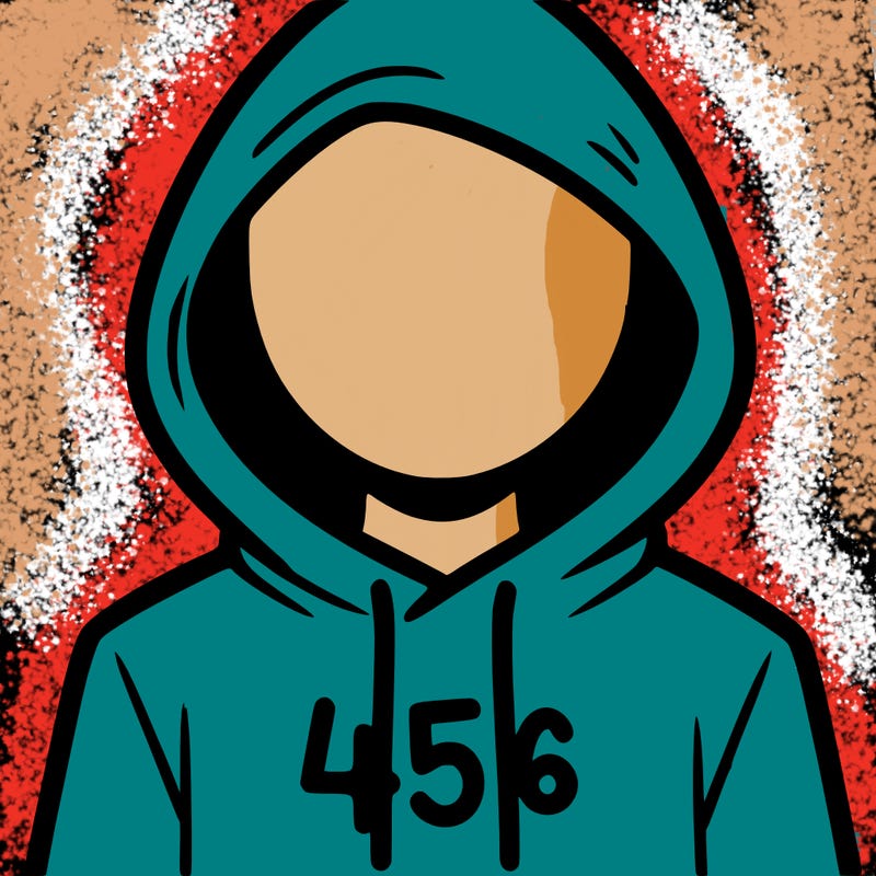 a person with non face waering a hoodie with a 456 symbol