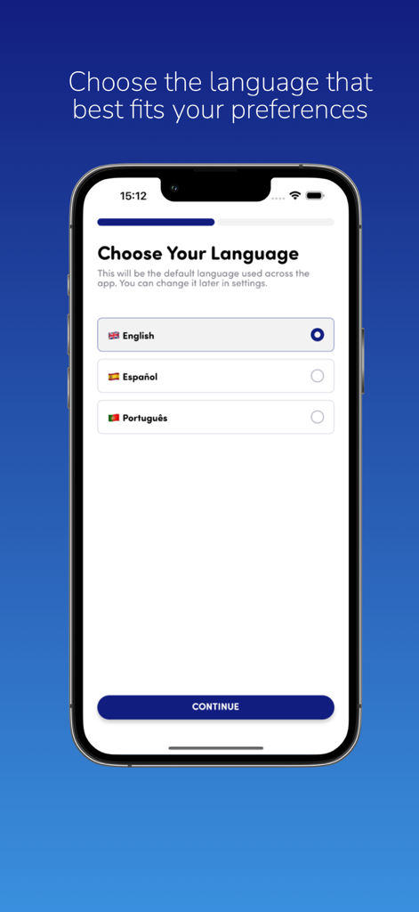 Pantalla de selección de idioma de la aplicación World2Fly con opciones en inglés, español y portugués