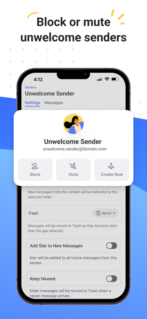 Clean Email — Inbox Cleaner - Interface of the Clean Email app showing options to block or mute unwelcome senders and create rules