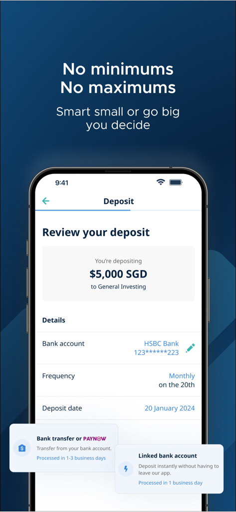 StashAway: Simple Investing - A smartphone showing the StashAway app deposit review screen for a monthly investment portfolio with no minimum requirements.