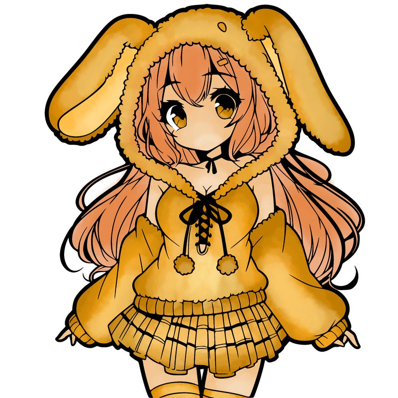 pretty anime girl wearing a fluffy hoodie with bunny ears on the hood and a skirt