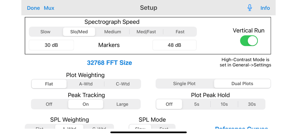 SoundScope VR - Setup screen in SoundScope VR displaying professional audio analysis settings like FFT size, spectrograph speed, and weighting modes.