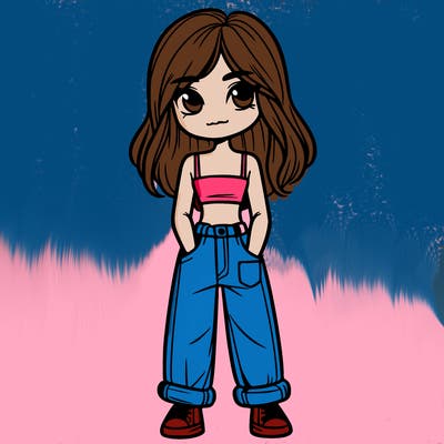 girl with long hair baggy jeans and a crop top