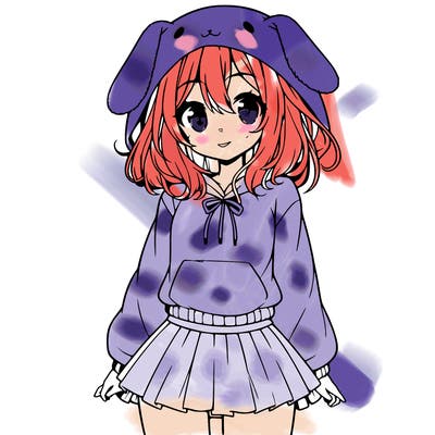 pretty anime girl wearing a fluffy hoodie with bunny ears on the hood and a skirt