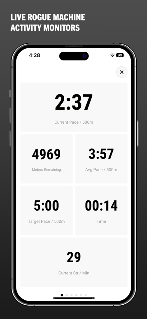 Rogue App - Écran de l'App Rogue affichant les moniteurs d'activité de machine en direct avec des mesures en temps réel incluant le rythme et le temps