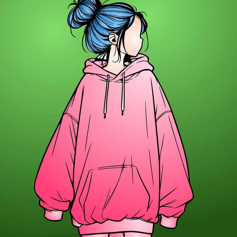 realistic girl with a oversized sweatshirt on and a bun