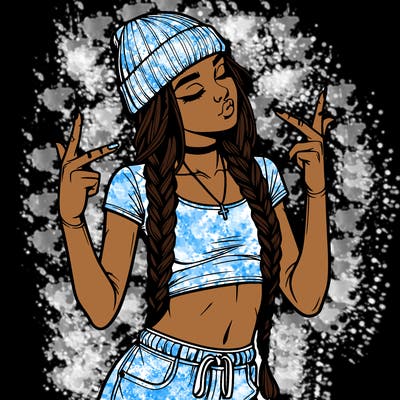 realistic teenage girl with braids and a beanie and crop top doing 🫶🏼