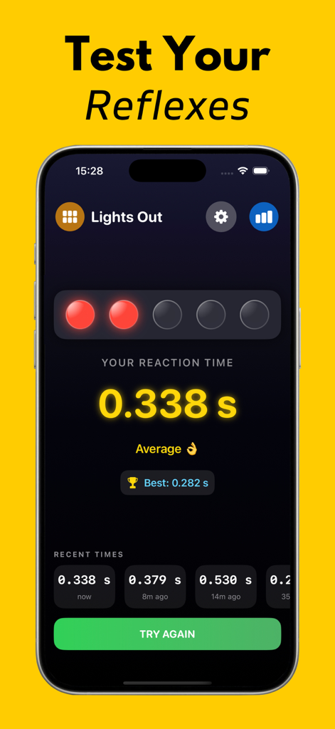 Reactz app interface showing a 0.338 second reaction time result in the Lights Out game mode.