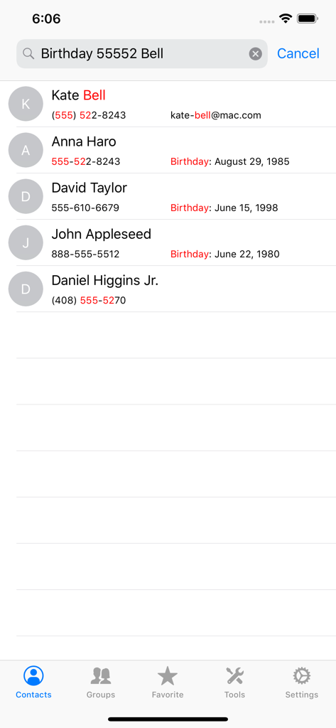 We Contacts - We Contacts app screen showing full-text search results for names, phone numbers and birthdays.