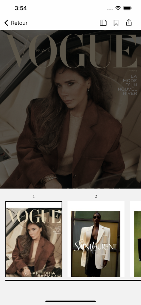 Vogue France Magazine - Screenshot of the Vogue France app interface showing digital magazine covers featuring Victoria Beckham and Saint Laurent fashion.