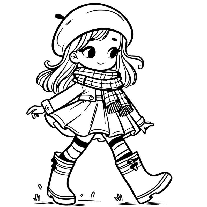 girl woth scarf, beret hat a short skirt and rain boots
