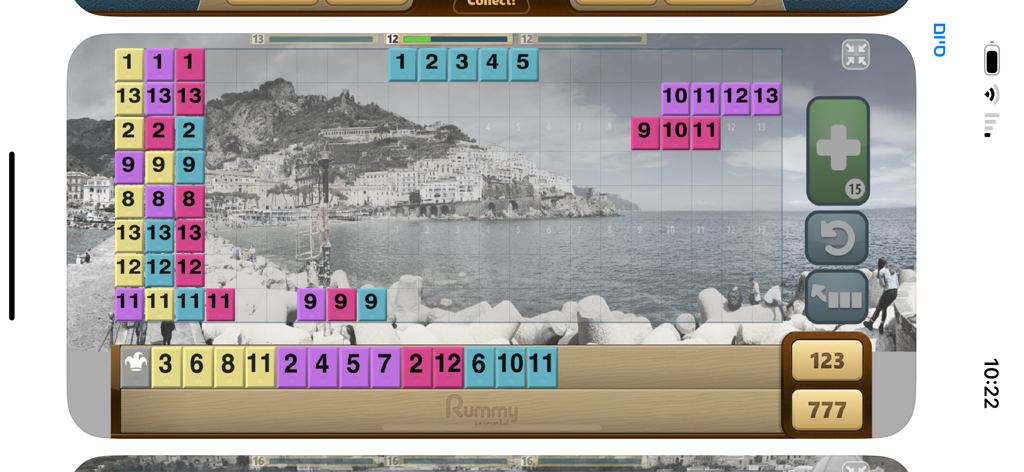 Rummy World - Gameplay of Rummy World showing colored tiles arranged in sets and runs on a scenic themed background