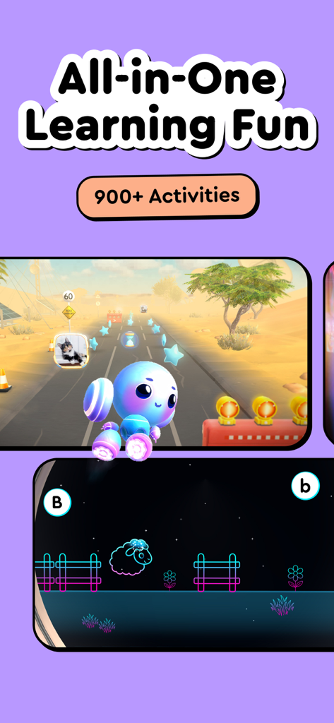 Buddy.ai: Kids Learning Games - Buddy AI app screenshot showing all-in-one learning fun with over 900 activities for kids including racing and alphabet games.
