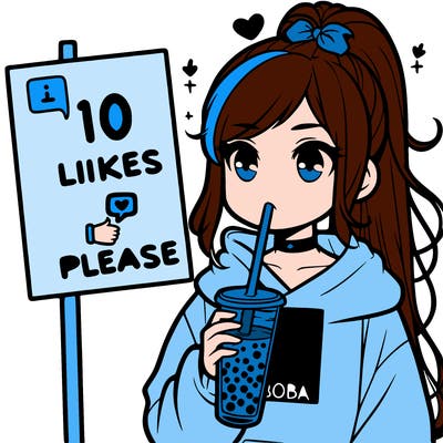 girl with a high ponytail and a hoodie drinking boba staring at a sign saying 10 likes please