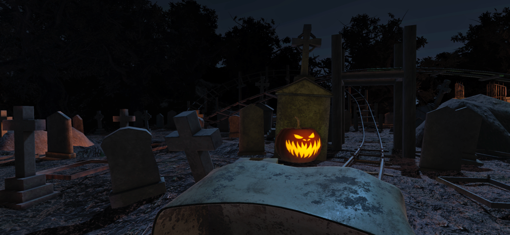 First person view of a spooky graveyard roller coaster track at night with a glowing pumpkin.