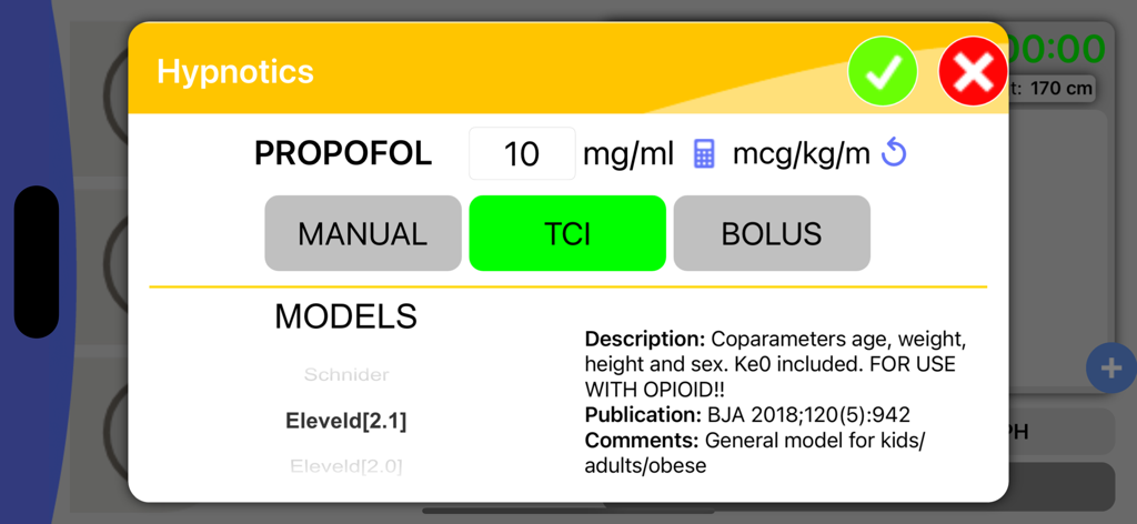 iTIVA Anesthesia Plus - Oberfläche, die Propofol-TCI-Einstellungen und pharmakokinetische Modelle in der iTIVA Anesthesia Plus App zeigt