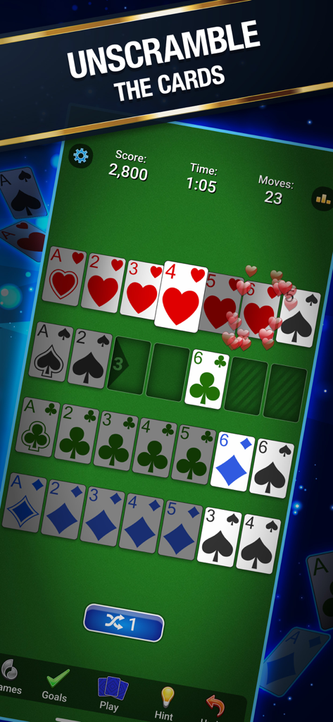 Gameplay of Addiction Solitaire card game by MobilityWare showing card sequencing and score
