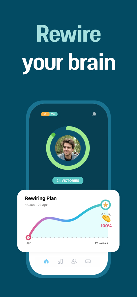 Brainbuddy: Quit Porn Now - Interfaz de la aplicación Brainbuddy que muestra un gráfico de progreso del plan de reprogramación de 12 semanas y el recuento de victorias del usuario.