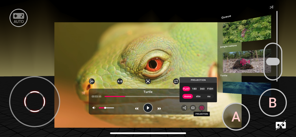 PLAY'A - Interface of PLAY'A VR video player showing projection settings and a lizard video playback
