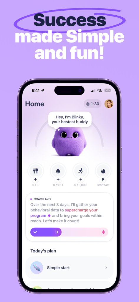 Simple: AI Weight Loss Coach - Home screen of Simple AI Weight Loss Coach featuring the Blinky mascot and daily tracking goals