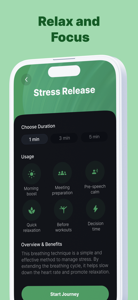 Mobile app interface showing options to choose duration and usage scenarios for a stress release breathwork session.