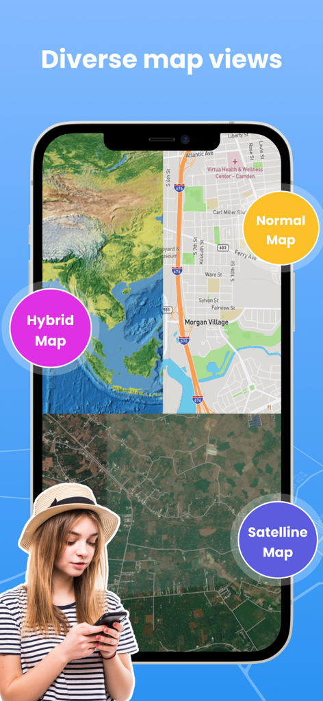 A display of diverse map views including hybrid normal and satellite modes in a GPS navigation app