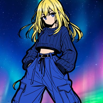 anime teen girl with baggy pants and crop top with sweater