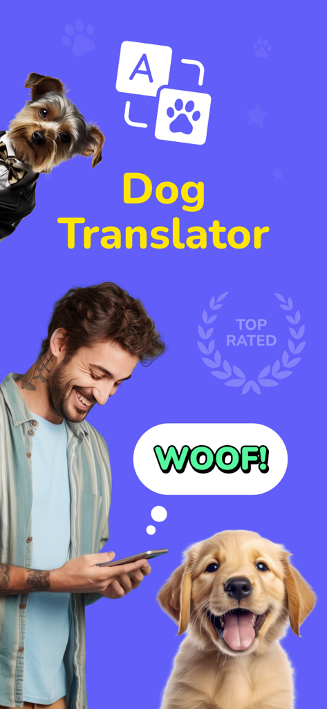 Dog Translator - Games for Dog - 犬の翻訳機アプリをゴールデンレトリバーの子犬と一緒に使って笑顔で携帯電話を見ている男性。