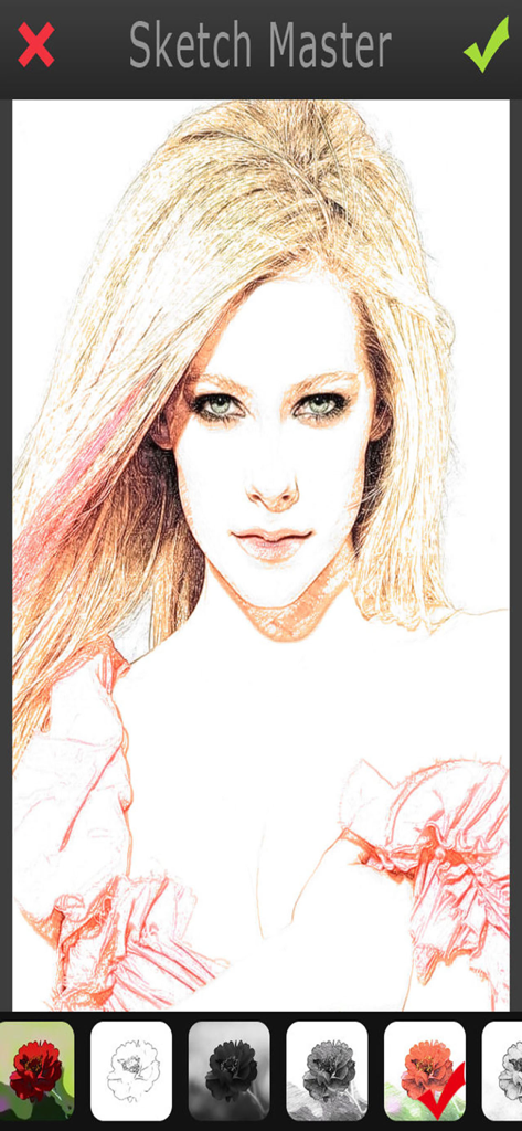 Retrato de una mujer con un efecto de boceto a lápiz de color aplicado en la aplicación Sketch Master