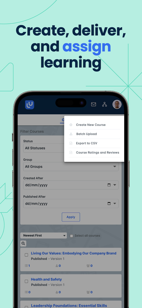 LearnUpon mobile app screen showing options to create and assign learning courses