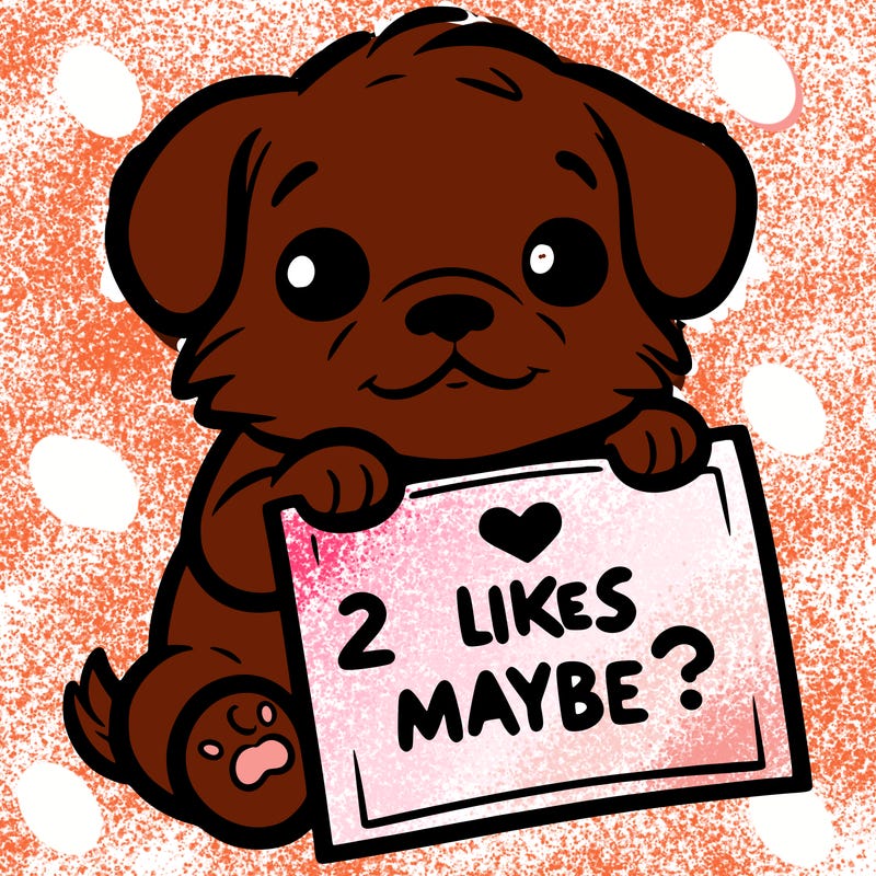 a puppy holding a sign that says 2 likes maybe?