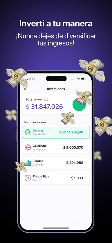 ドル、CEDEARs、投資信託のセクションがある投資ポートフォリオを示すBrubankアプリのモバイル画面。