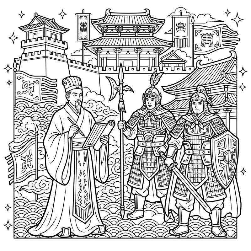 Unleash your creativity with this intricate coloring page depicting the captivating Warring States Period of ancient China. Immerse yourself in a scene featuring powerful warriors, respected scholars, and majestic historical architecture.